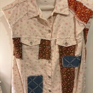 POL Floral Patchwork Vest - Cream, Brown, Blue